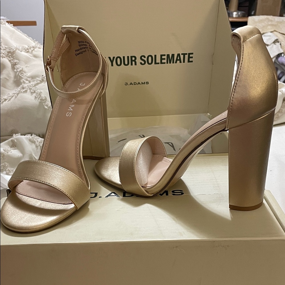 Adams Gold Ankle-Strap Block Heel Sandals